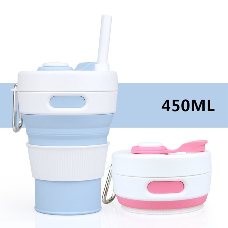 Folding Silicone Cup with Straw 450ML Portable Leakproof Outdoor Travel Telescopic Drinkware Cup Milk Water Coffee Mug Cups