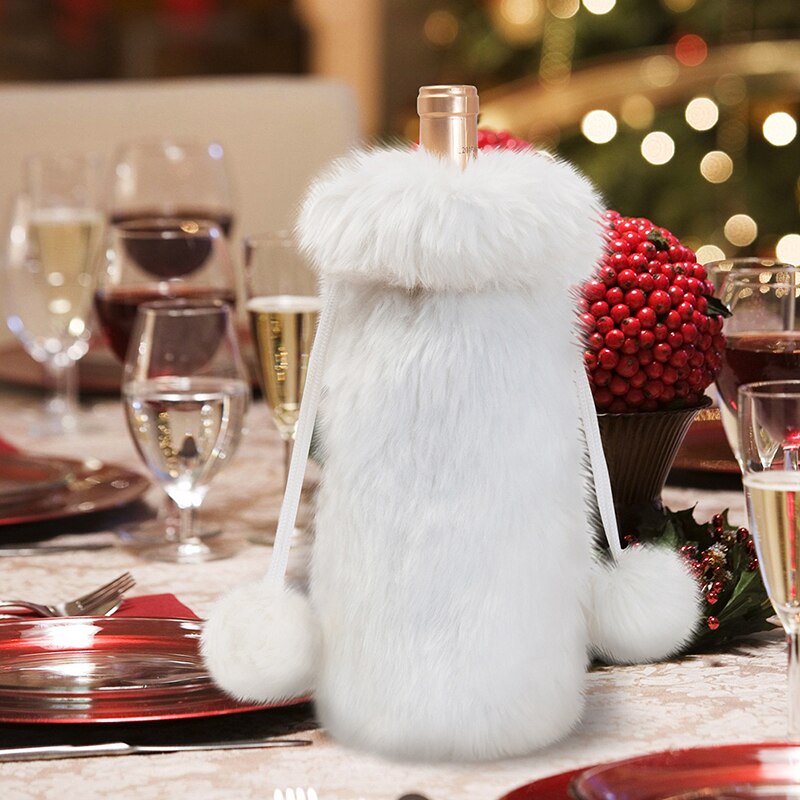 1Pc Luxe Faux Fur Wijnfles Covers Tas Linnen Champagne Fles Cover Kerst Decoraties Voor Huis