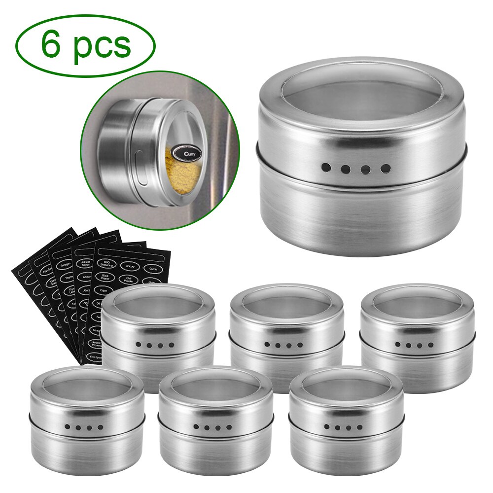 Stainless Steel Magnetic Spice Jars Tins Container Set with Clear Lid Labels Magnetic Spice Tins Jars Seasoning Pepper Organizer