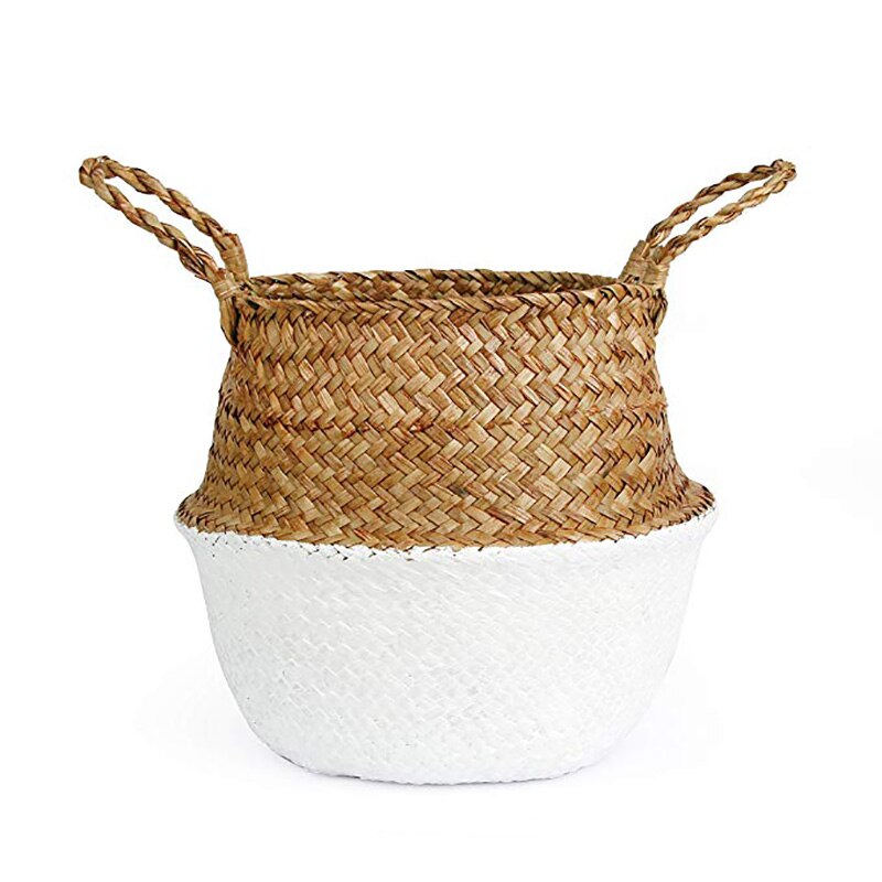 Boho Decor Plant Seagrass Wicker Storage Basket for Toys Home Decoration Laundry Basket Organizador Cocina Bamboo Panier Osier: white