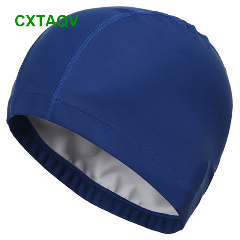 Comfortable Fit Adult Men Women Blank Swimming Cap Elastic Waterproof PU Fabric Protect Ears & Long Hair Swim Pool Hat