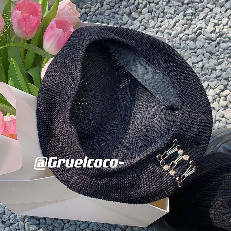 Kpop Linen Braid Beret Hat For Ladies Straps Studs Thin Breathable Casquette Trend Summer Vacation Boina Caps Painter Gorras