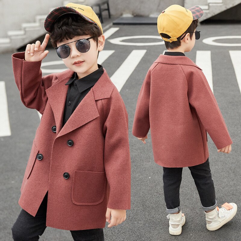 Casacos de inverno meninos sólido duplo breasted menino trench coat lapela outono crianças outerwear casacos de lã casaco para meninos 5 6 8 10 12 anos