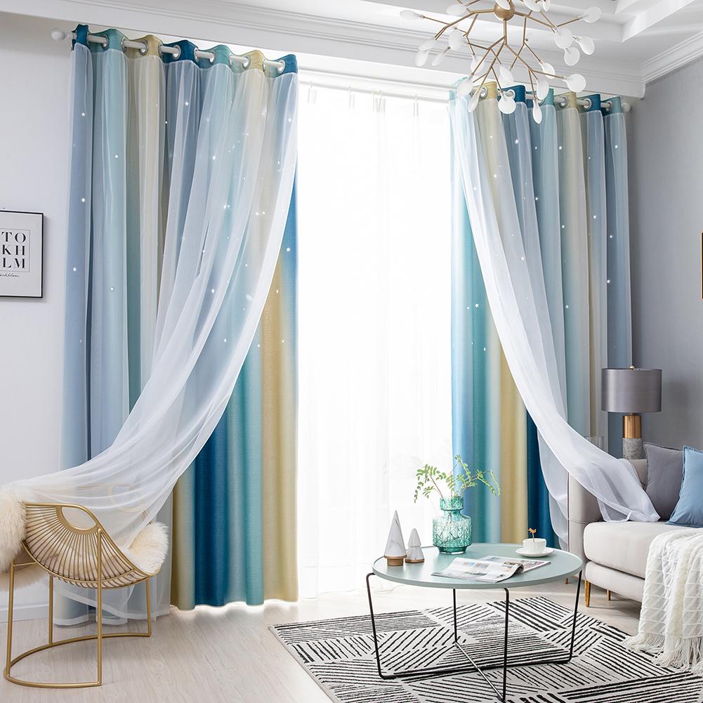 Gradient Hollow Star Curtain Bedroom Full Blackout Colorful Hollow Star Sheer Window Drapes Home Decor For Kid Girl Bedroom