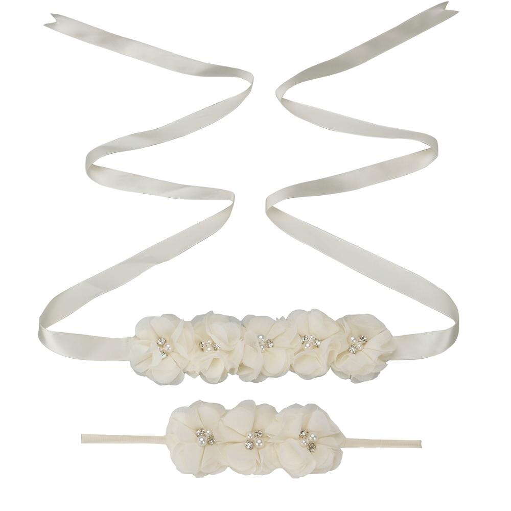 Nuevos cinturones de flores de cinta de seda cinturones de fajín de señora niña con niños Chiffon flor diadema accesorios de boda decoraciones: Milk White