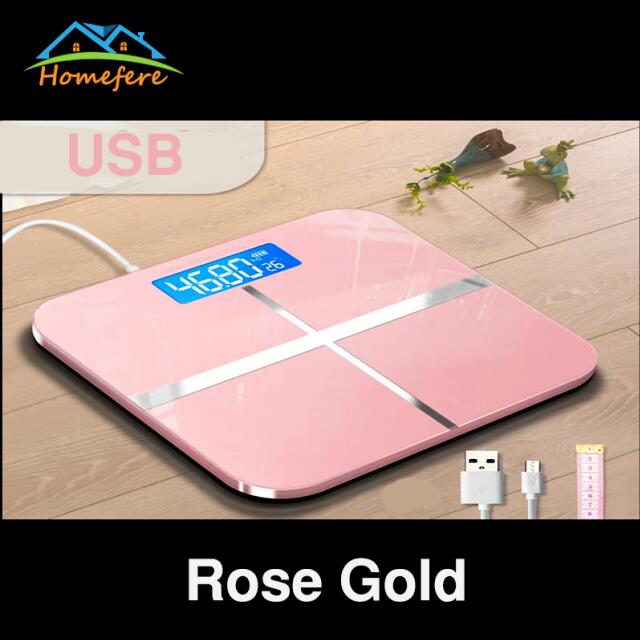 USB Charging Bathroom Scale Glass Smart Household Electronic Digital Weight Balance LCD Display: Rose Gold USB