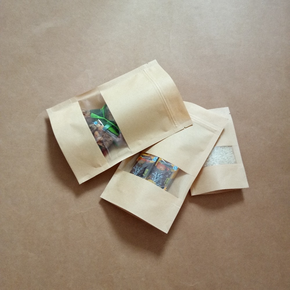 100pcs Zipper Kraft Bag Kraft Paper Bag For /Food/Candy/Party/Wedding Ziplock Bag With Window Stand Up Packing Bags