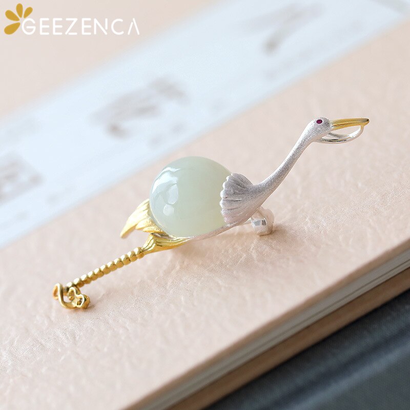 925 Sterling Silber Hetian Weiße Jade Vogel Broschen Edlen Schmuck für Frauen Nette Elegante Trendy Pin Brosche Büro Party