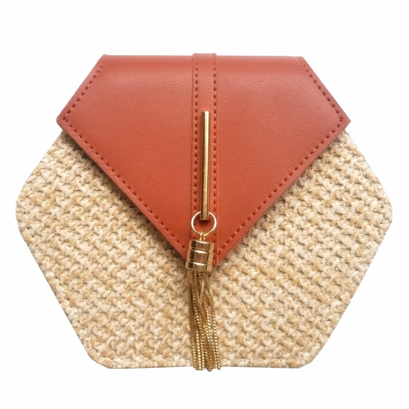 Hexagon Mulit Style Straw+leather Handbag Women Summer Rattan Bag Handmade Woven Beach Circle Bohemia Shoulder Bag: Yellow brown