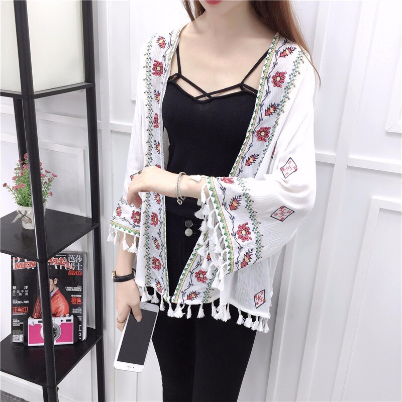 Maternité femmes été ethnique Boho Kimono Cardigan Vintage broderie florale Cardigan fille Beige noir blanc Cardigans
