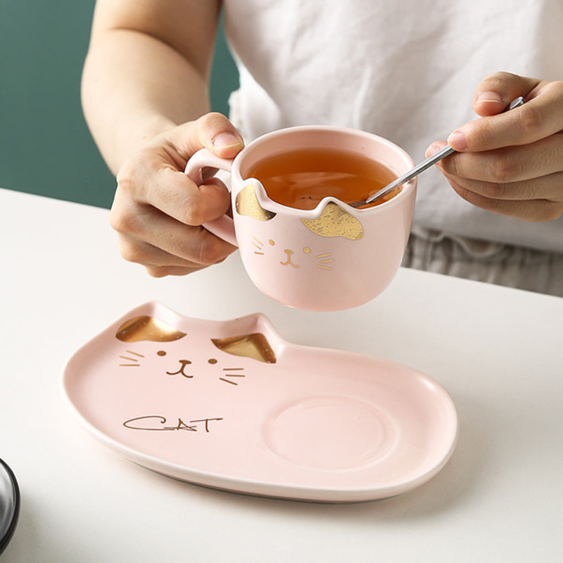 Keramische Kopje Koffie Sets Cartoon Kat Patroon Kopje Thee Dessertbord Outfit Leuke Koffie Kop En Schotel Set Geven weg Lepel