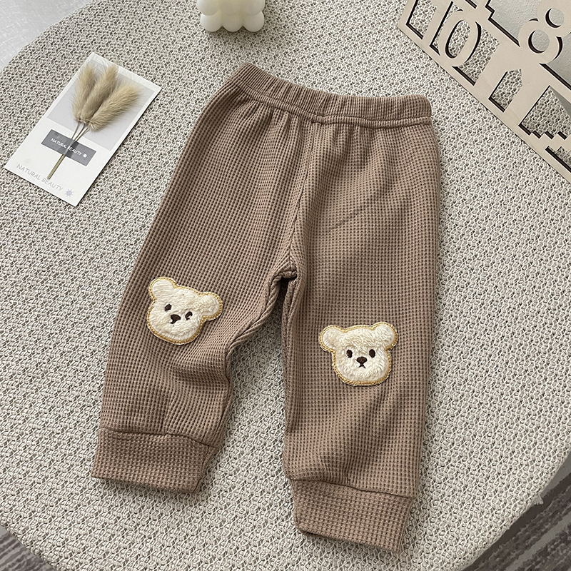 8874 bebê calça outono 2021 novo waffle urso calças bonito moda bebê menino calças adorável urso menina calça 0-3year crianças: brown / 80cm