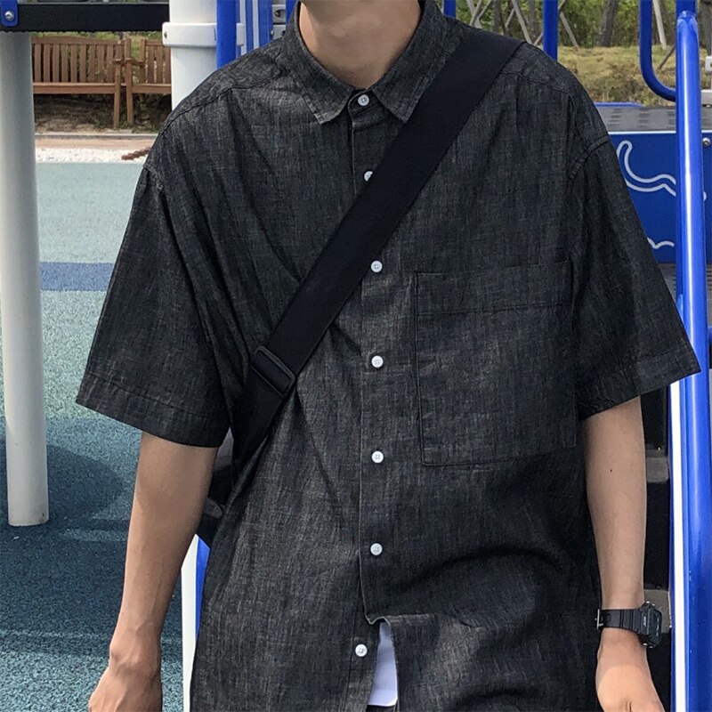 Mænd 2 stk sæt (skjorte+shorts) sort denim kortærmet afslappet skjorte shorts mandlige japan korea streetwear hip hop skjorte