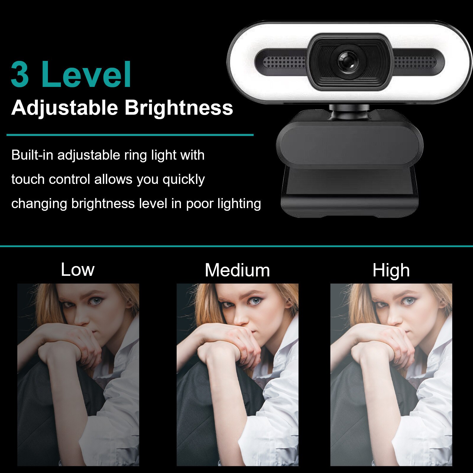 2K Webcam Hd Met Microfoon Ring Licht Usb 2.0 Web Camera Drie-Niveau Verstelbare Verlichting T-Ouch control Voor Pc Desktop Laptop