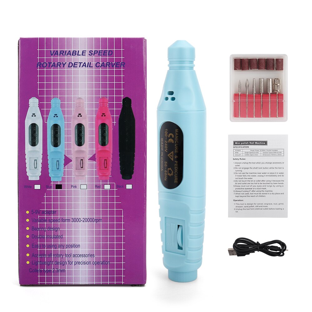Mini perceuse à ongles électrique, meulage de vernis, outil de manucure et pédicure, ponceuse à ongles, lime, ensembles de stylos de perçage: Bleu