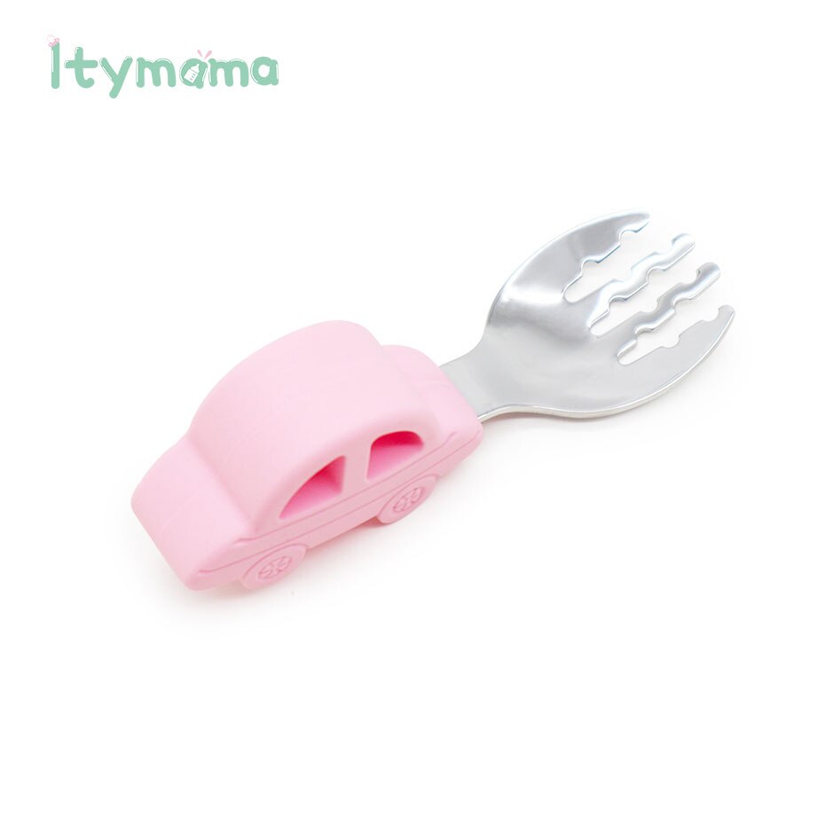 Baby matsked gaffel servis set rostfritt stål baby träning sked bil silikon handtag småbarn servis matningsverktyg: Rosa gaffel