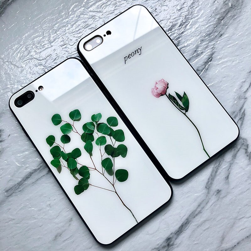 Tempered Glass Case For Meizu 15 16 16s case Simple Glossy Green plant Peony Hard Cover For Meizu 16 16th 15th 16s Phone Casing