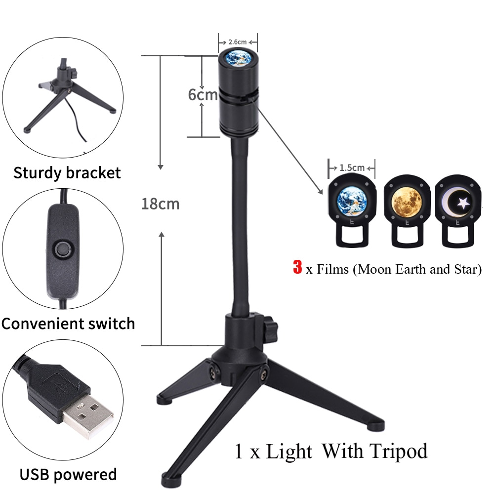 Himmel projektor nattlys planet magisk måne jord projeksjon ledet lampe 360 ° roterbar usb 5v 3w låve soverom veggdekor belysning: 1 x stativ 3 x filmer
