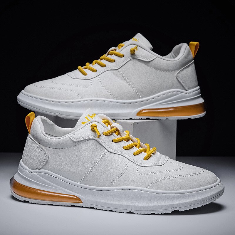 Aizhetu læder sneakers fritidssko mænd hvide sneakers flade snørebånd komfort sneakers sportssko mand: Hvid gul / 8