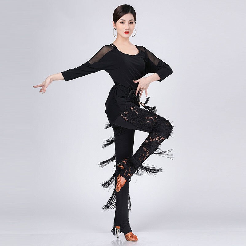 Trajes de baile latino para mujer, conjunto de traje de baile, vestidos de competición, pantalones de danza con flecos para adultos Tango