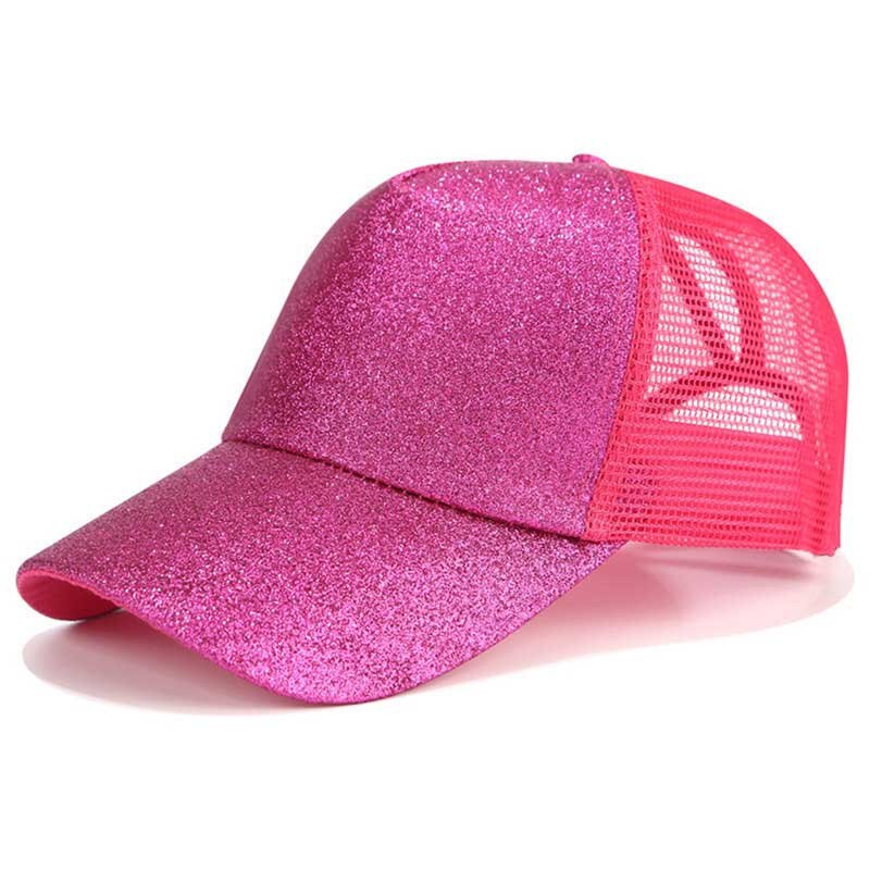 Glitter Ponytail Baseball Cap Women Hat Mesh Trucker Caps Messy Bun Summer Hat Female Adjustable Hip Hop Hats: Glitter Hot pink