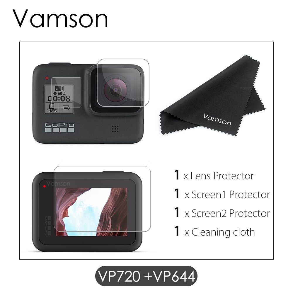 Vamson für Gopro Hero 8 Schwarz Gehärtetem Glas Screen Protector Action Kamera Objektiv Bildschirm Film 9Pcs für Go pro 8 kamera VP720: VP720-VP644