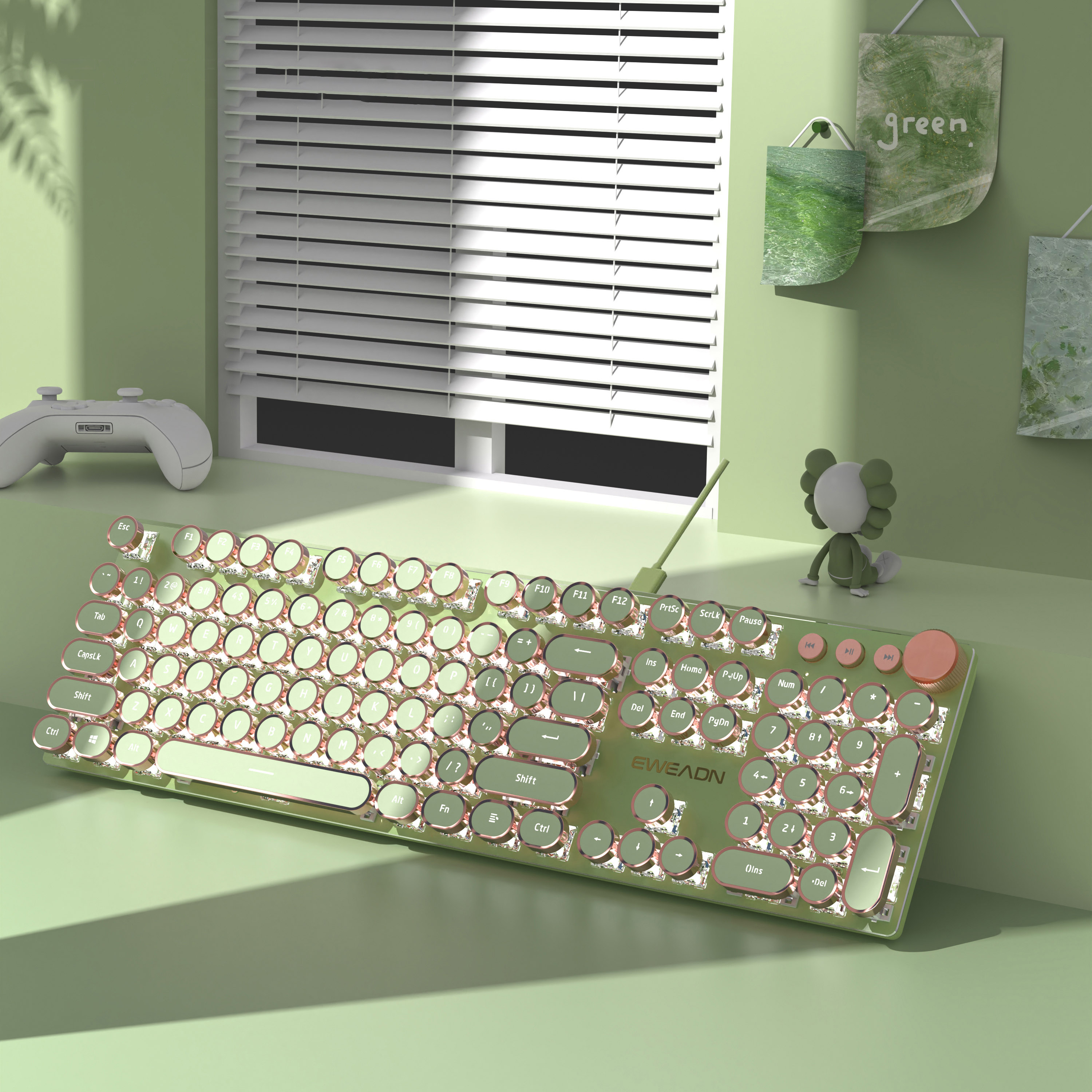 EWEADN V20 Punk Typewriter Mechanical Gaming Keyboard, 104 Keys Round Keycaps LED White Backlit, Key-wire separation: green