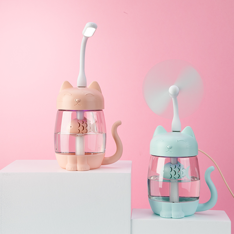 3 in 1 350ML USB Cat Air Humidifier Ultrasonic Cool-Mist Adorable Mini Humidifier With LED Light Mini USB Fan for Home office