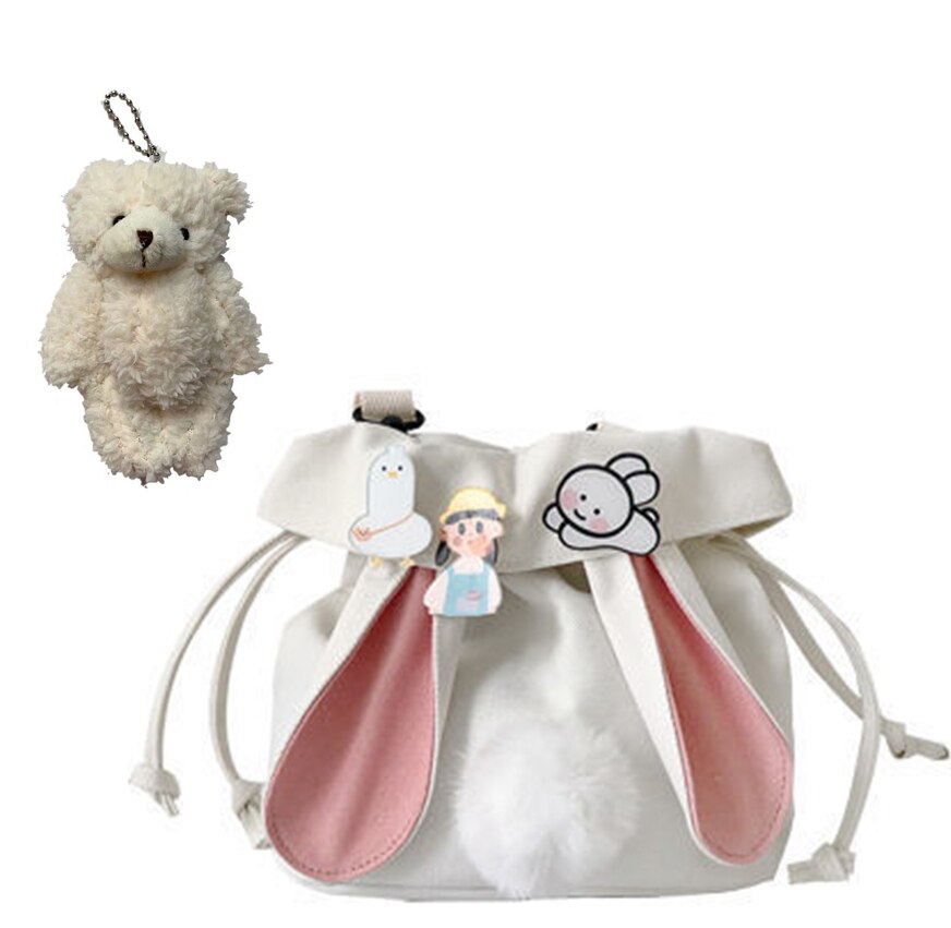 SchöNe Kaninchen Ohren Leinwand Tasche Lolita Mädchen Studenten Kordelzug Tasche Bote Taschen: Weiß mit Bär