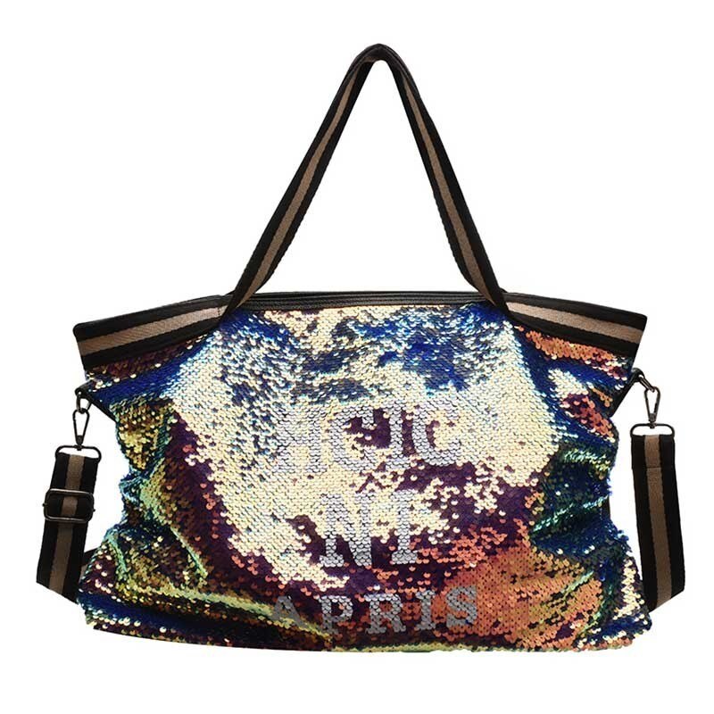 Ttou stor lomme kvinners veske skinnende paljetter tote skuldervesker til kvinnelige brev trykk høy kapasitet crossbody vesker: Fargerik
