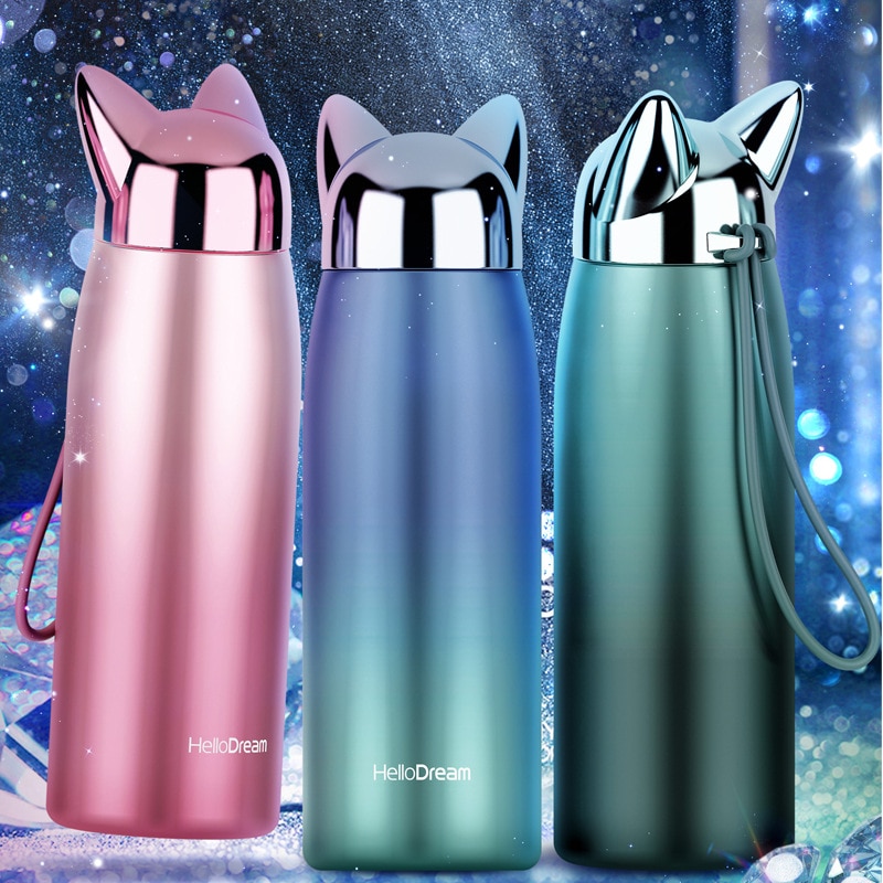 300ML Mädchen Wasser Flasche Doppel Zauberstab Thermos Edelstahl Vakuum Flaschen Nette Katze Fuchs Ohr Thermische Reise Becher artikel