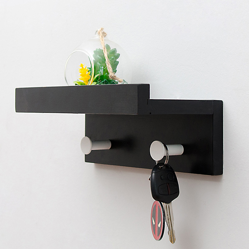 Nordic Houten Muur Haak Display Rack Muur Opknoping Kapstok Veranda Muur Creatieve Home Decoratie Jas Hoed Muur Plank: Black 2 hooks