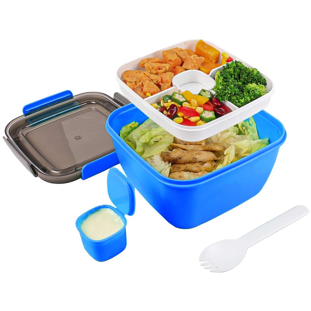 Salad Lunch Container Large Salad Bowl With Removable 4-Compartment Bento-Style Tray And Sauce Container #20: Sky-blue