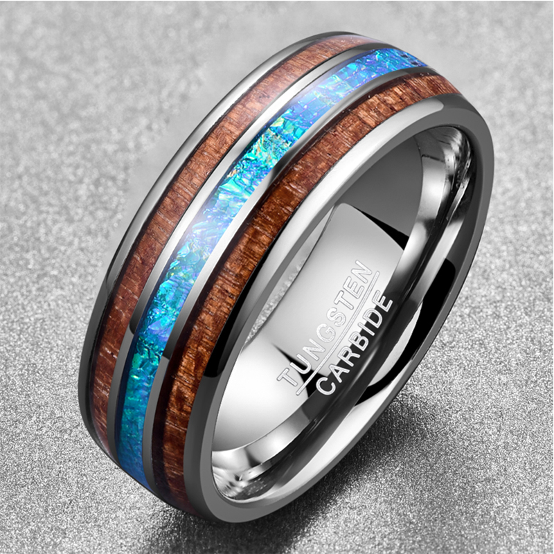 8mm Classic Hawaiian Koa Wood Colorful Opal Tungsten Carbide Ring Jewelry Dome Polished Men&#39;s Wedding Bands Rings