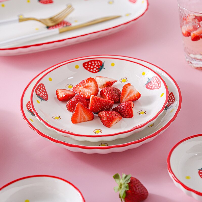 Ceramic Plate Cutlery Strawberry Sun Flower Cartoon Pattern Home Cute Steak Western Food Main Dish Taste Dish Kitchen Tool