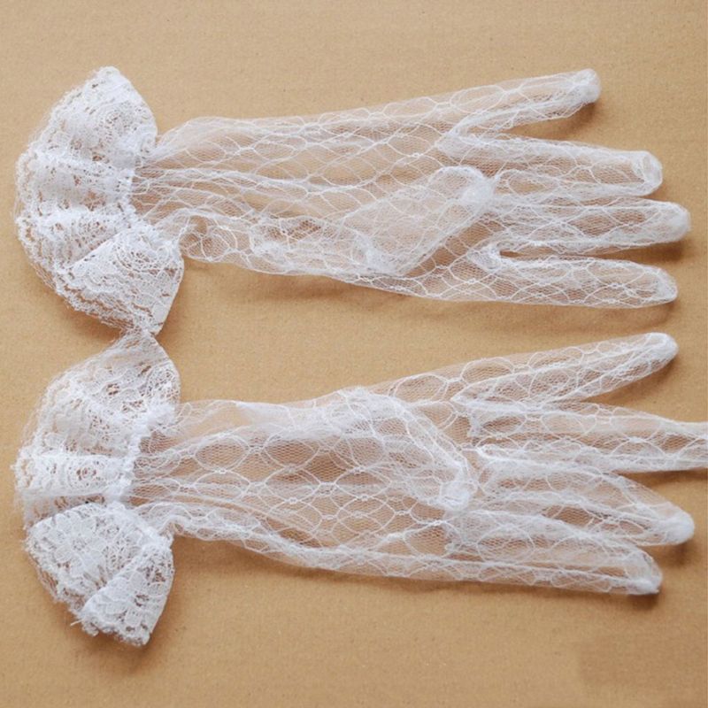 1 paire blanc mariée mariage gants courts plein doigt Transparent rhombique gaze à volants dentelle garniture poignet longueur mitaines fête