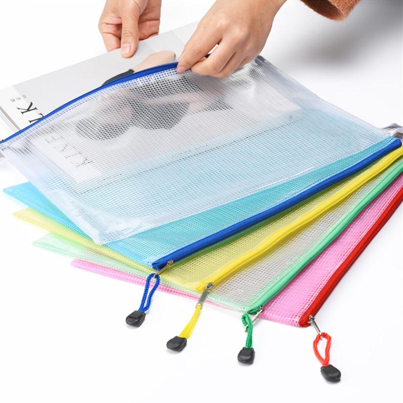 Grid Office Papers Storage School Pencil Organizer A4 Transparent Plastic Zipper File Bag Folder