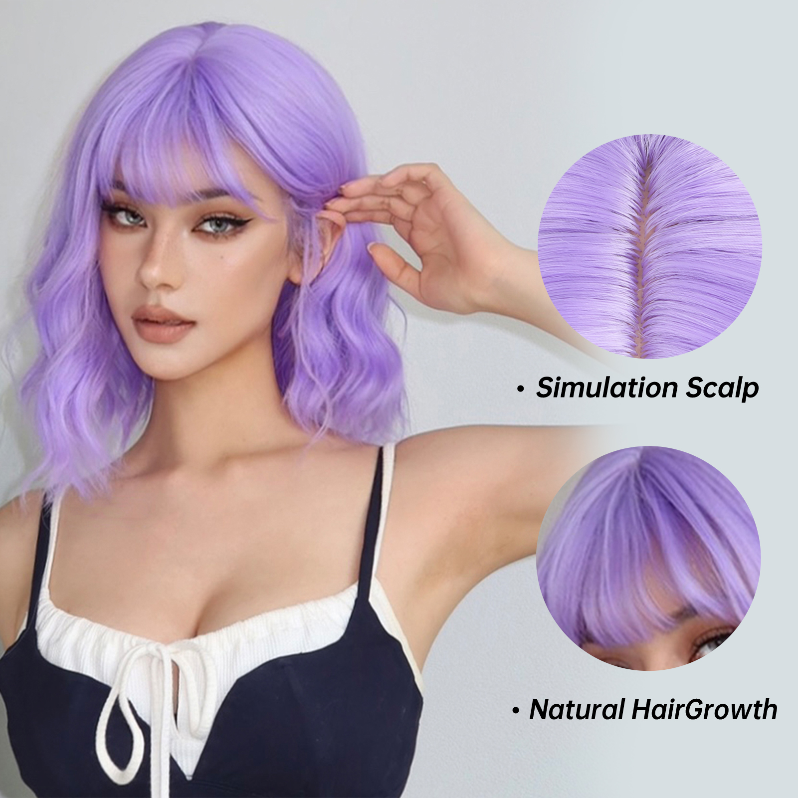 Ombro longo luz roxo peruca encaracolado sintético com franja para mulheres curto ondulado cosplay festa perucas de cabelo natural resistente ao calor