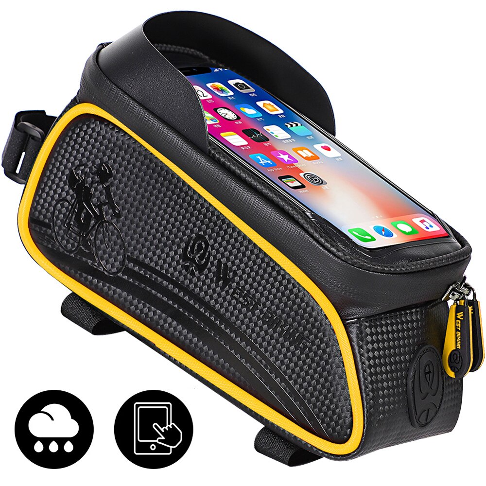 West bike mtb racefiets waterdichte bovenbuis tas touchscreen fiets voorframe fietstas tas voor fietsaccessoires: Geel