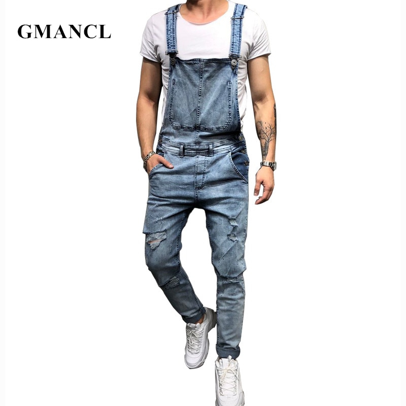 Män ripped cargo jeans jumpsuits distressed jeans haklappsbyxor overall man slim knä ripped hängselbyxor plus size s-xxxl