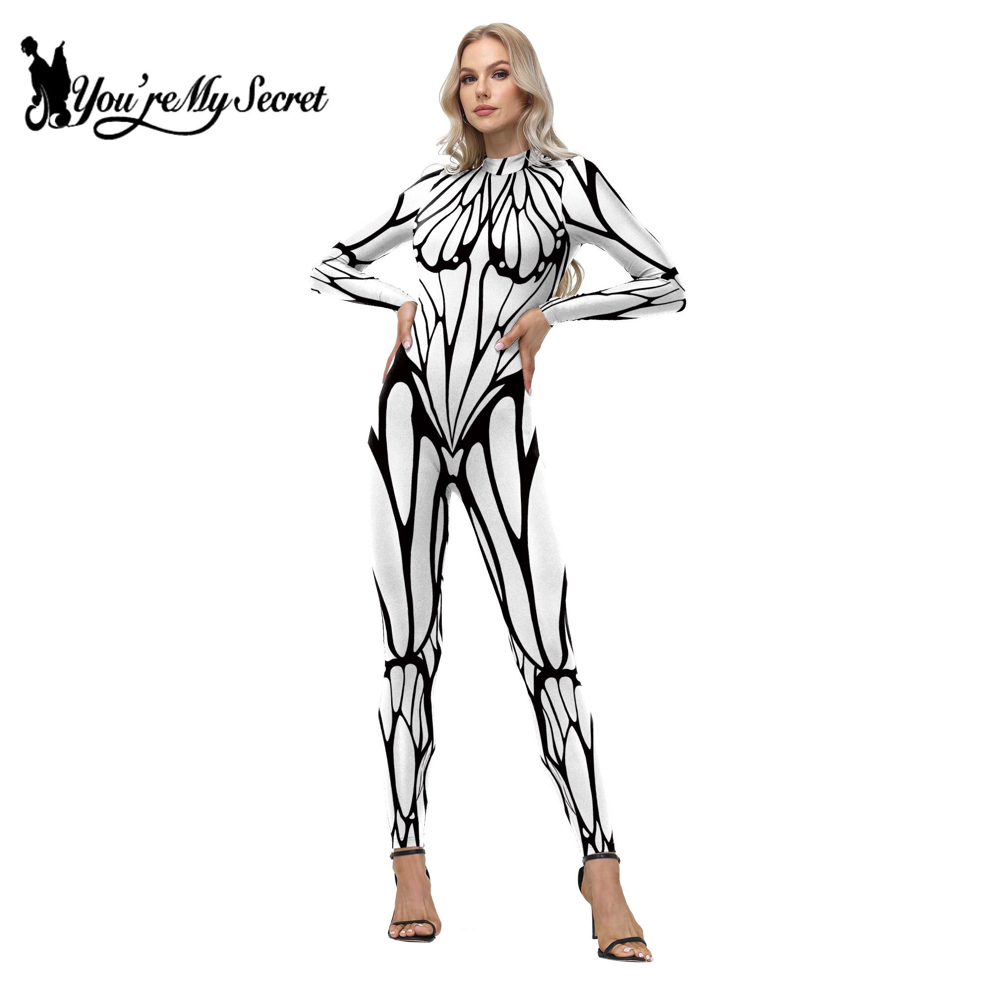 [du er min hemmelighed] halloween sort/hvid sommerfuglelinje cyber sort/hvid mønster bodysuit dame zentai-dragt