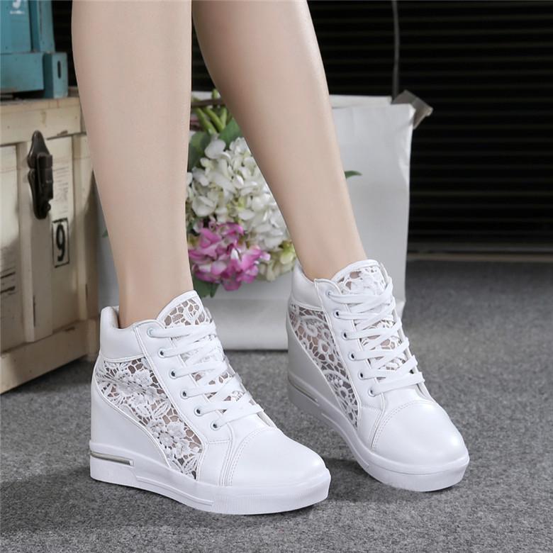 Été femmes chaussures femme respirant maille baskets chaussures plates dentelle mocassins talons épais plate-forme compensées décontracté confort Creepers: WHITE / 39