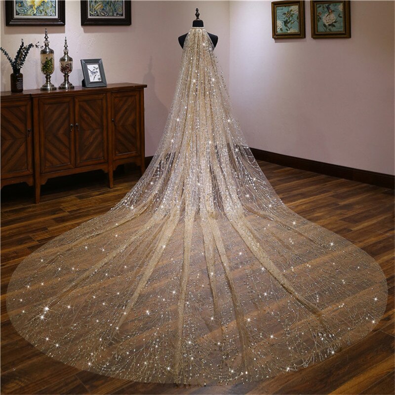 2022 Mode Luxe Bruiloft Sluiers Voor Bruiden Bling Goud 3 Meter Pailletten Crystal Big Bridal Veils Bruiloft Accessoires: Champagne