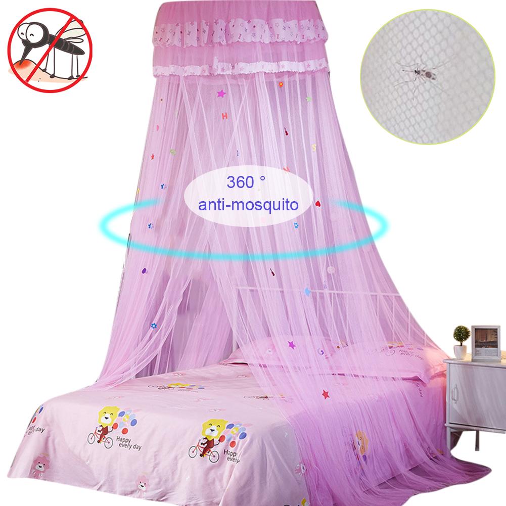 Hauteur 2.7M lit baldaquin accroché moustiquaire princesse lit tente rideau pliable auvent sur le lit fée dentelle Dossels: Pink