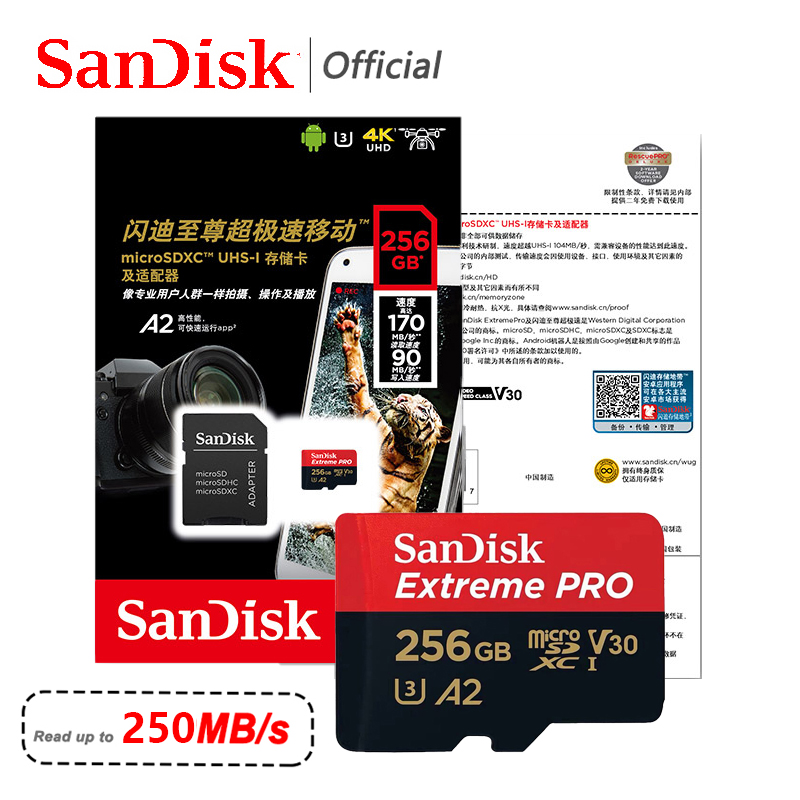 SanDisk Extreme Pro Micro SD Card V30 U3 A2 Memory Card 512Gb 256Gb 128Gb 64Gb 32Gb 1Tb Max up to 250Mb for Samrtphone PC Phone