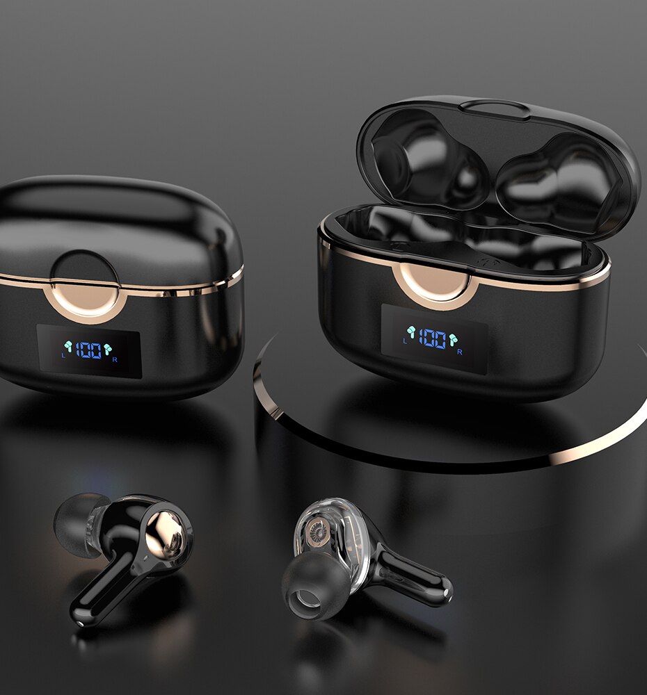 SZLHRSD Trådløse Hodetelefoner Bluetooth 5.0 In-Ear Øreplugger med Mikrofon, Aktiv Støyreduksjon, Berøringskontroll, LED-skjerm