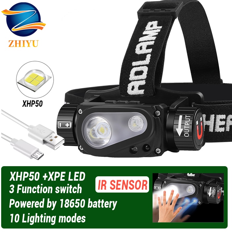XHP50 LED Scheinwerfer Sensor Scheinwerfer Taschenlampe 18650 USB Aufladbare draussen Kopf Lampe Taschenlampe 10 Beleuchtung Modi Arbeit Licht