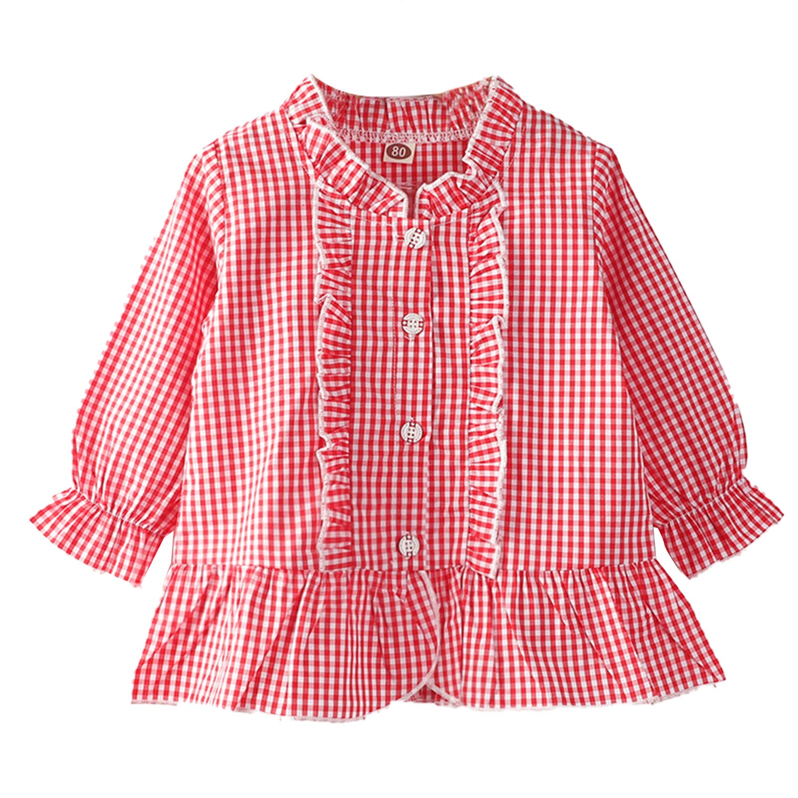 Baby Girls Blouse Autumn Cute Long Sleeves Red Check Pattern Baby Clothes O-Neck Bottoming Shirt Cotton Children Clothing: 120cm