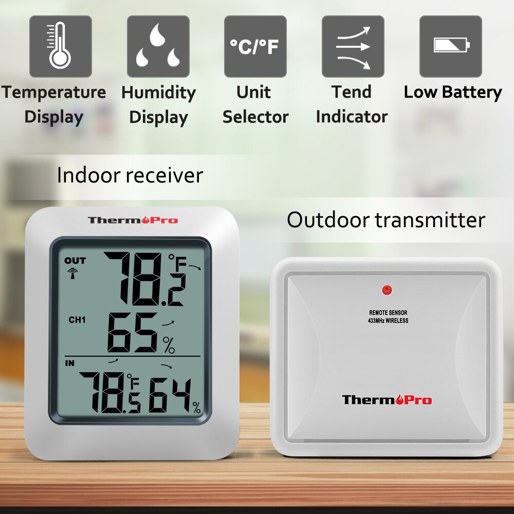 Thermopro tp60s 60m trådløst digitalt rumtermometer indendørs udendørs termometer fugtighedsmonitor vejrstation