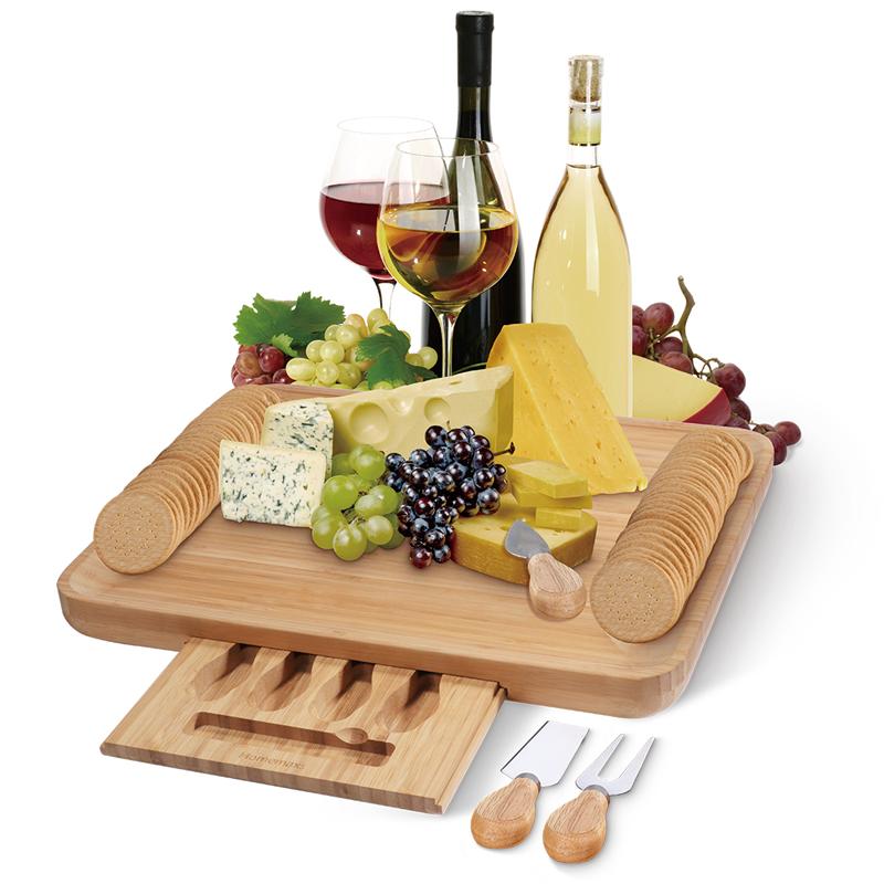 Bamboo Cheese Board Cutter Set Slide-Out Drawer Serving Platter Tray Cutting Board For Cheese Fruit Dessert Kitchen Accessories